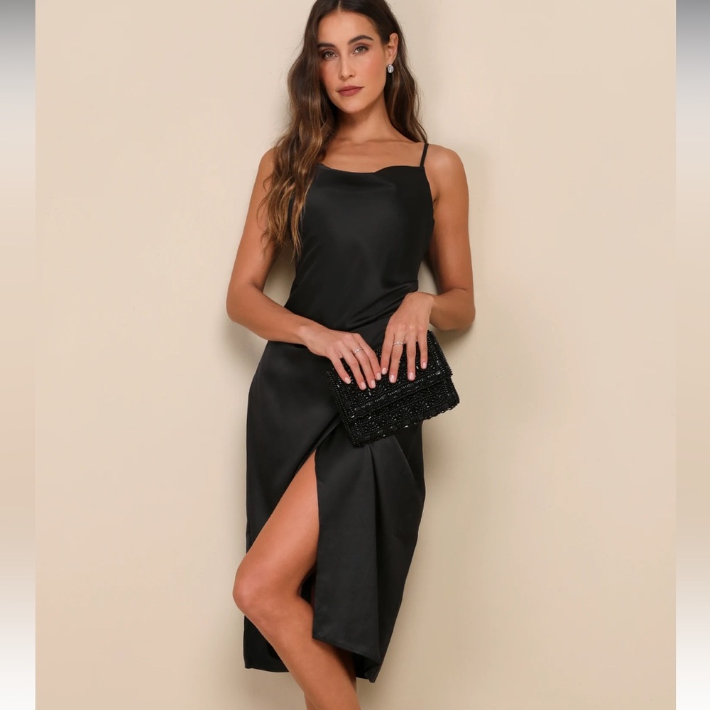Lulu’s Hollywood Woman Black Satin Midi Dress Size XS